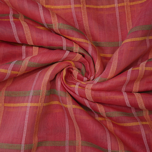 Premium Rust Pink Check Embroidered chanderi Fabric.