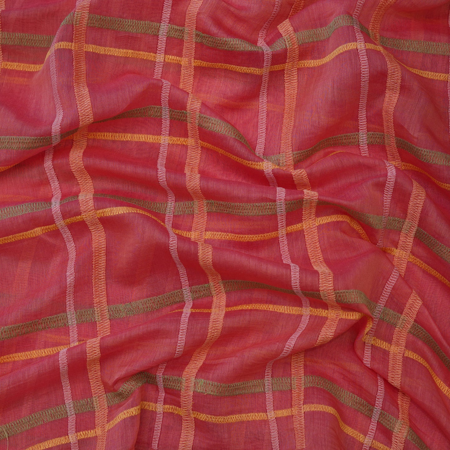 Premium Rust Pink Check Embroidered chanderi Fabric.