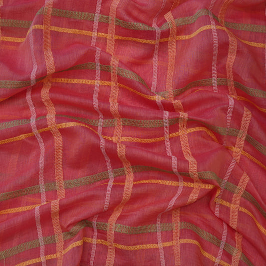 Premium Rust Pink Check Embroidered chanderi Fabric.