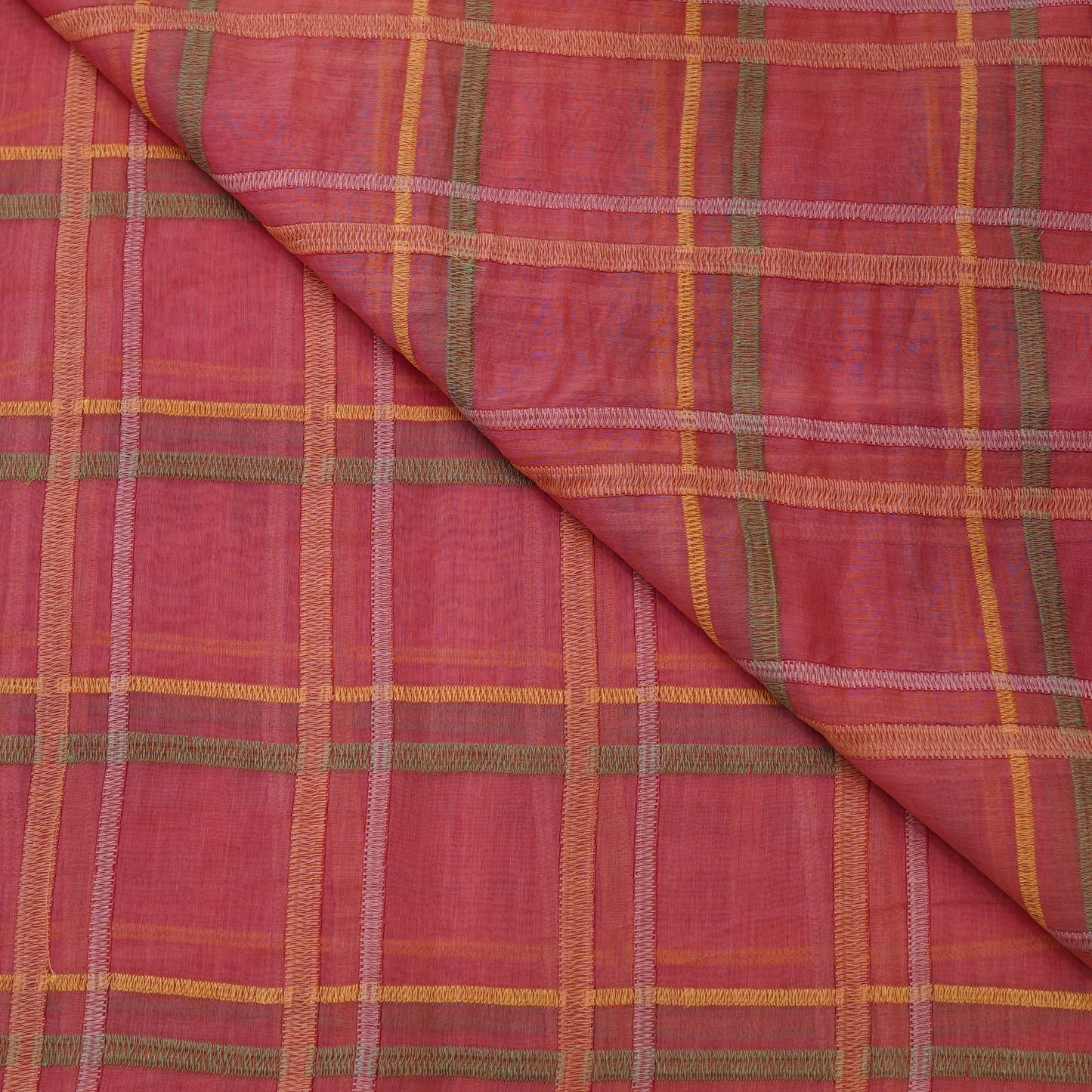 Premium Rust Pink Check Embroidered chanderi Fabric.