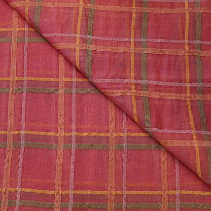 Premium Rust Pink Check Embroidered chanderi Fabric.