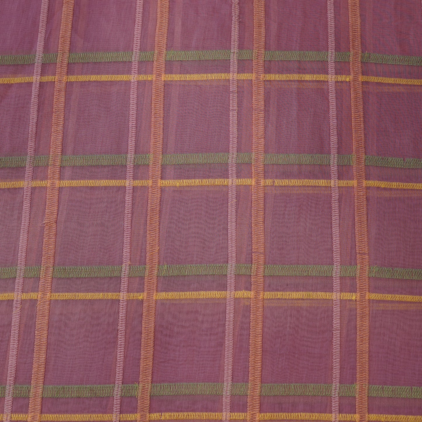 Premium Rust Pink Check Embroidered chanderi Fabric.