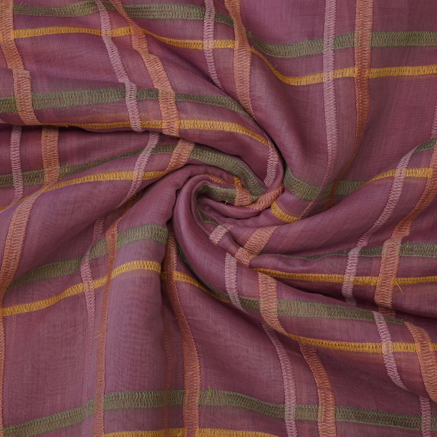 Premium Rust Pink Check Embroidered chanderi Fabric.