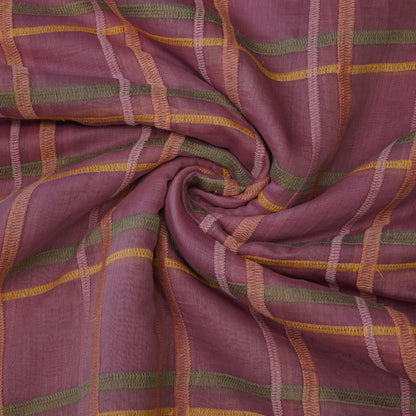 Premium Rust Pink Check Embroidered chanderi Fabric.