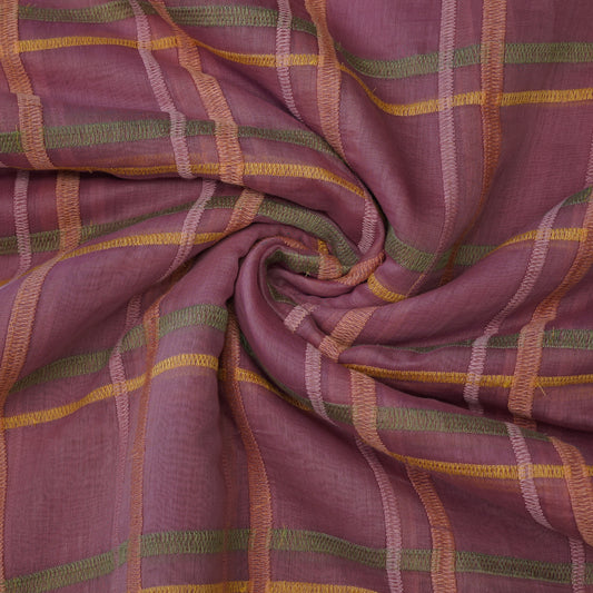 Premium Rust Pink Check Embroidered chanderi Fabric.