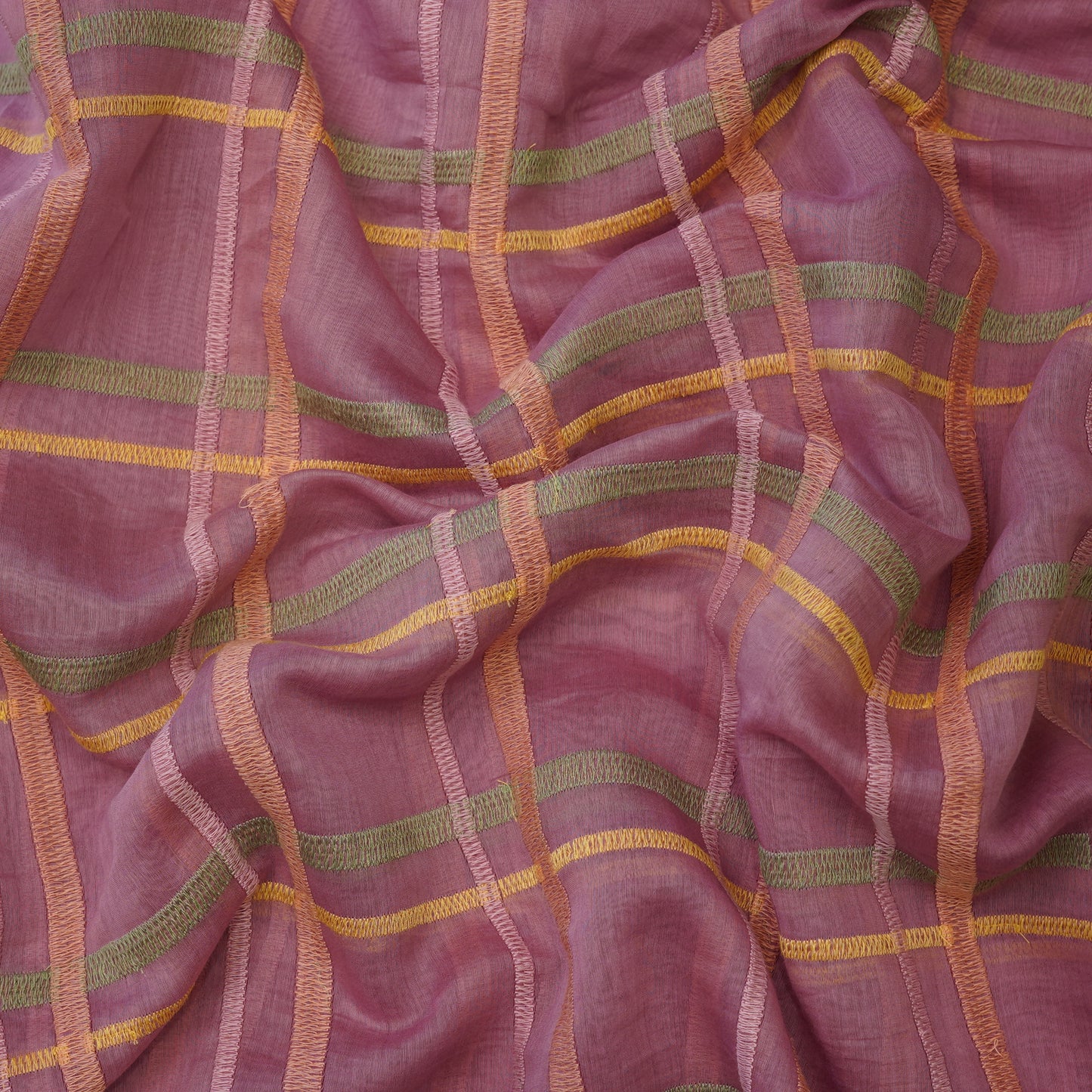 Premium Rust Pink Check Embroidered chanderi Fabric.