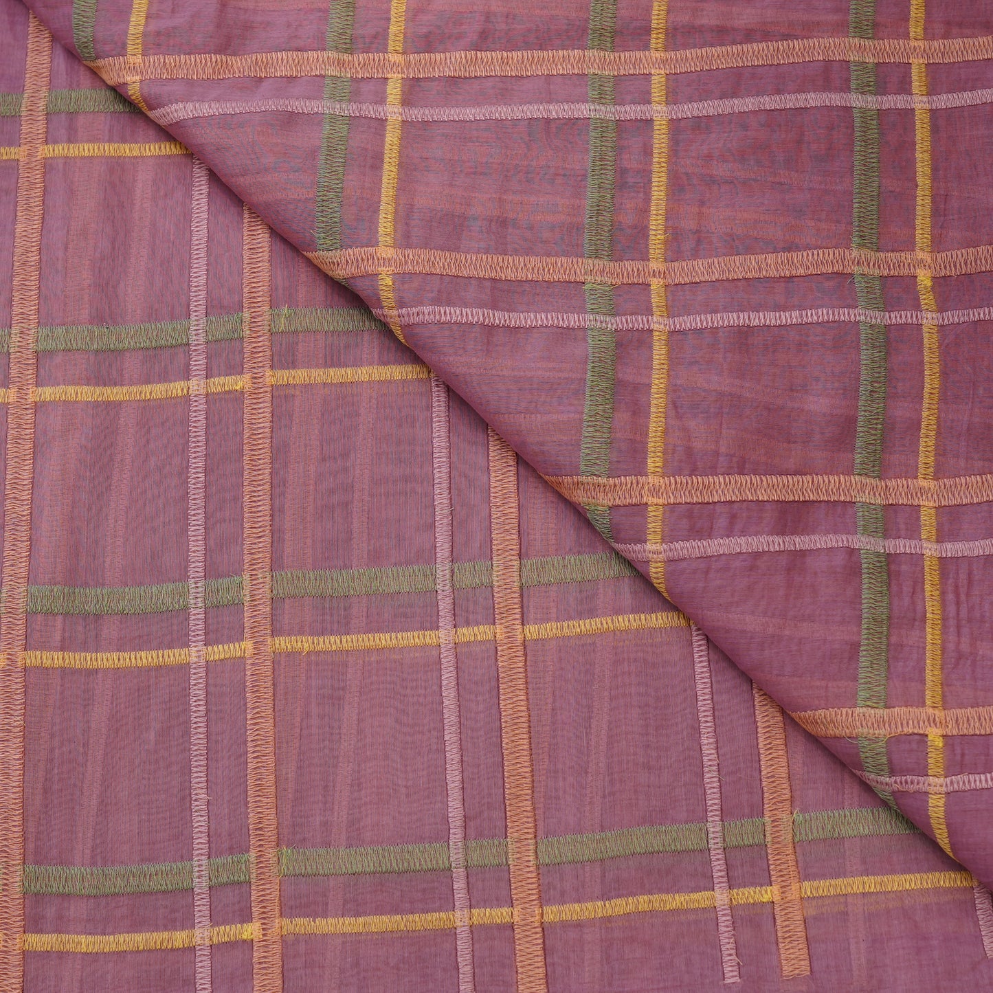 Premium Rust Pink Check Embroidered chanderi Fabric.