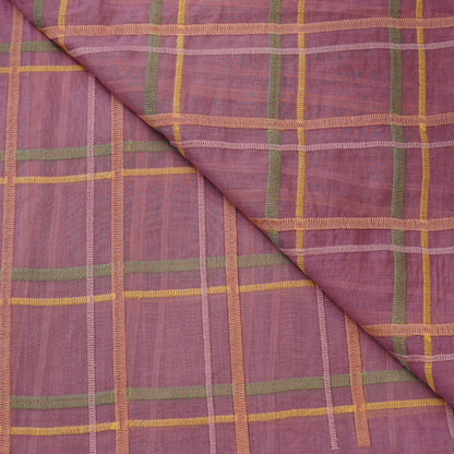 Premium Rust Pink Check Embroidered chanderi Fabric.
