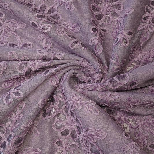 Premium Lavender Floral Sequins Embroidered Net Fabric.