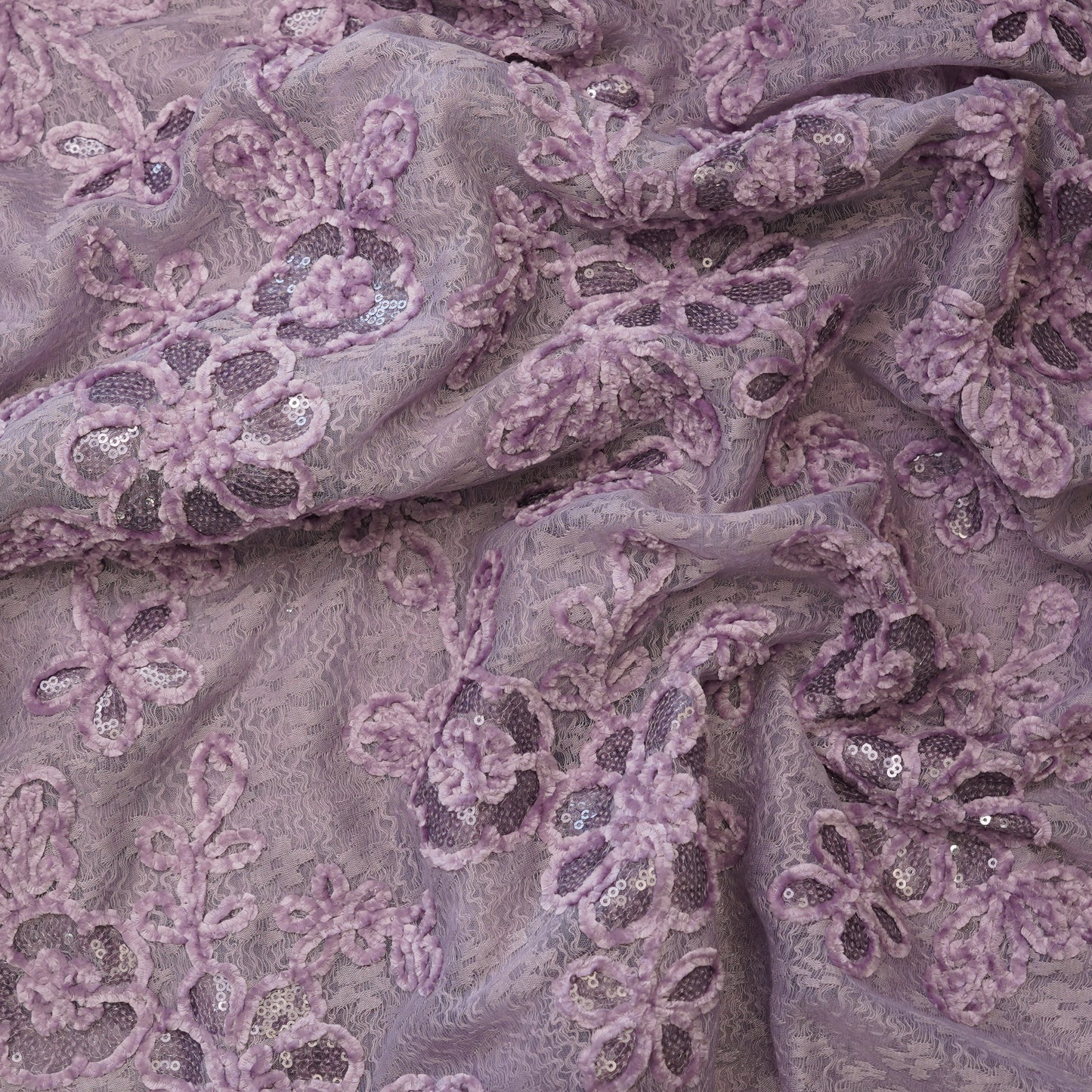 Premium Lavender Floral Sequins Embroidered Net Fabric.