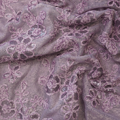 Premium Lavender Floral Sequins Embroidered Net Fabric.