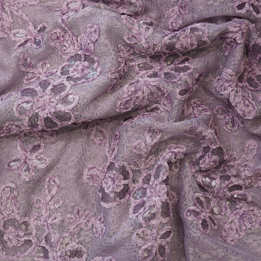 Premium Lavender Floral Sequins Embroidered Net Fabric.