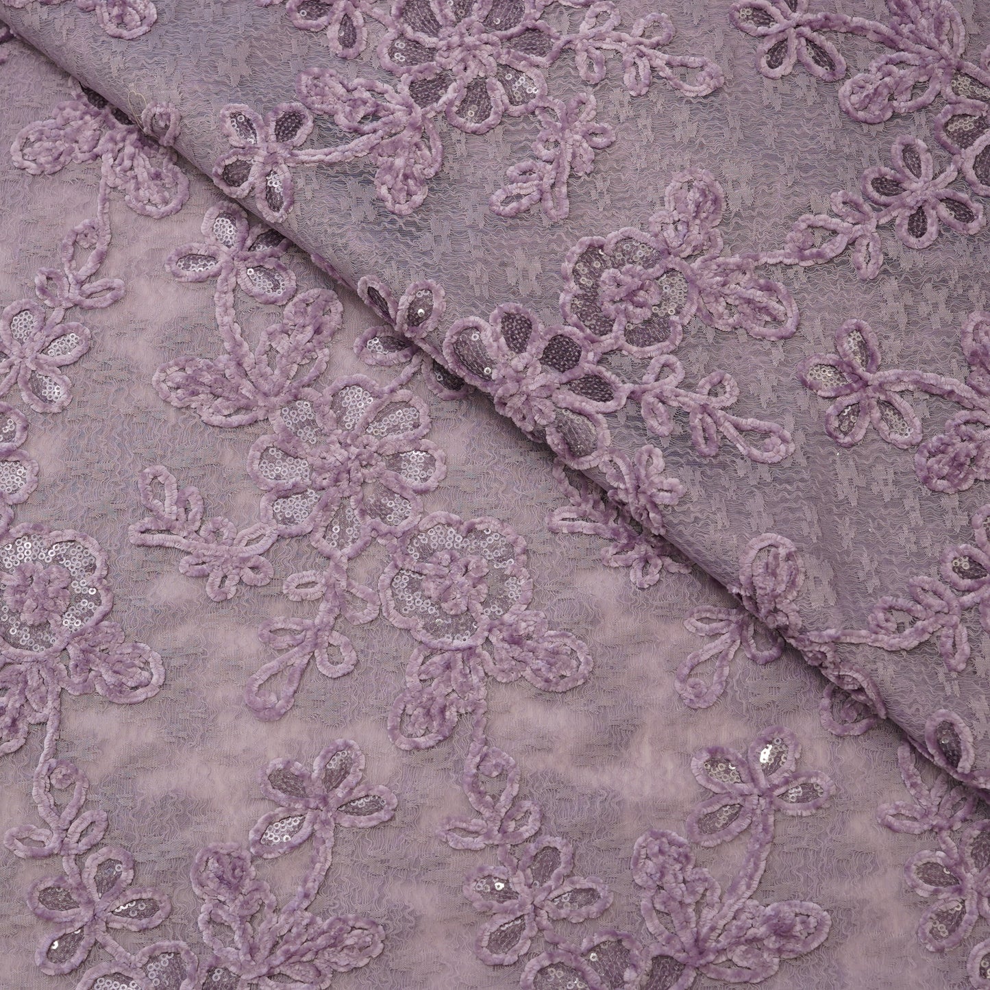 Premium Lavender Floral Sequins Embroidered Net Fabric.