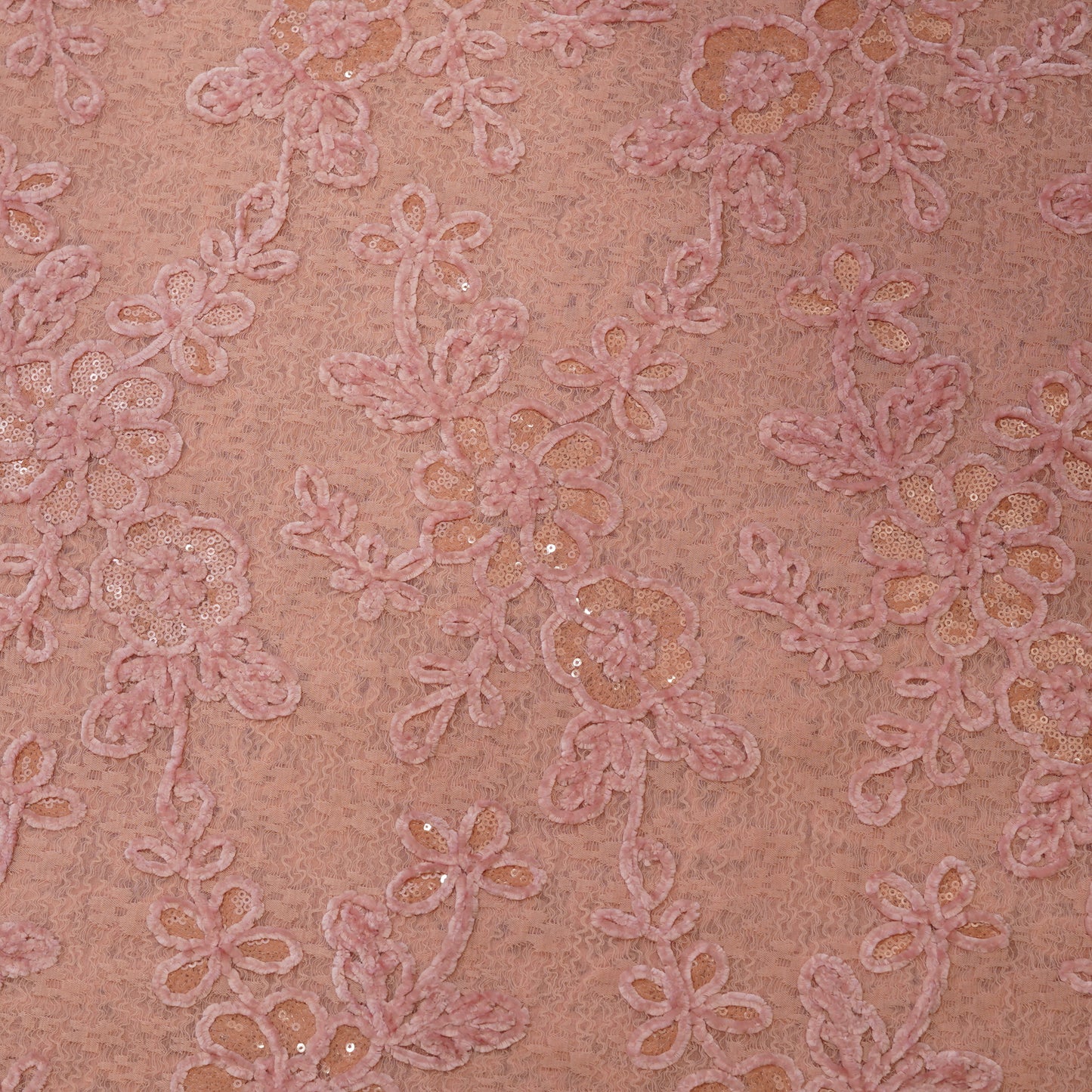 Premium Blush Pink Floral Sequins Embroidered Net Fabric.