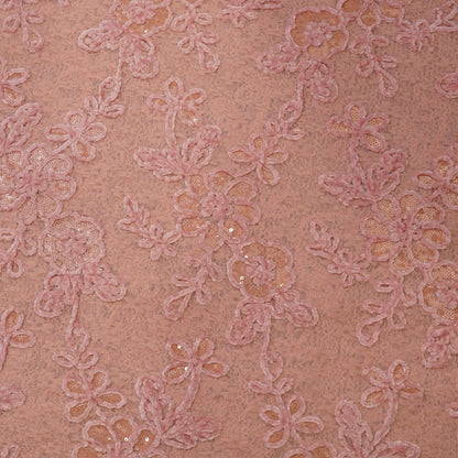 Premium Blush Pink Floral Sequins Embroidered Net Fabric.