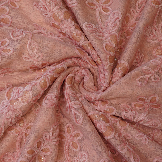 Premium Blush Pink Floral Sequins Embroidered Net Fabric.