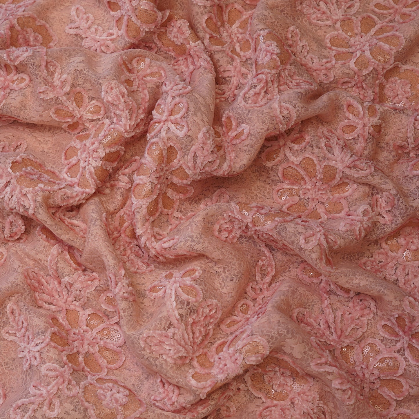 Premium Blush Pink Floral Sequins Embroidered Net Fabric.