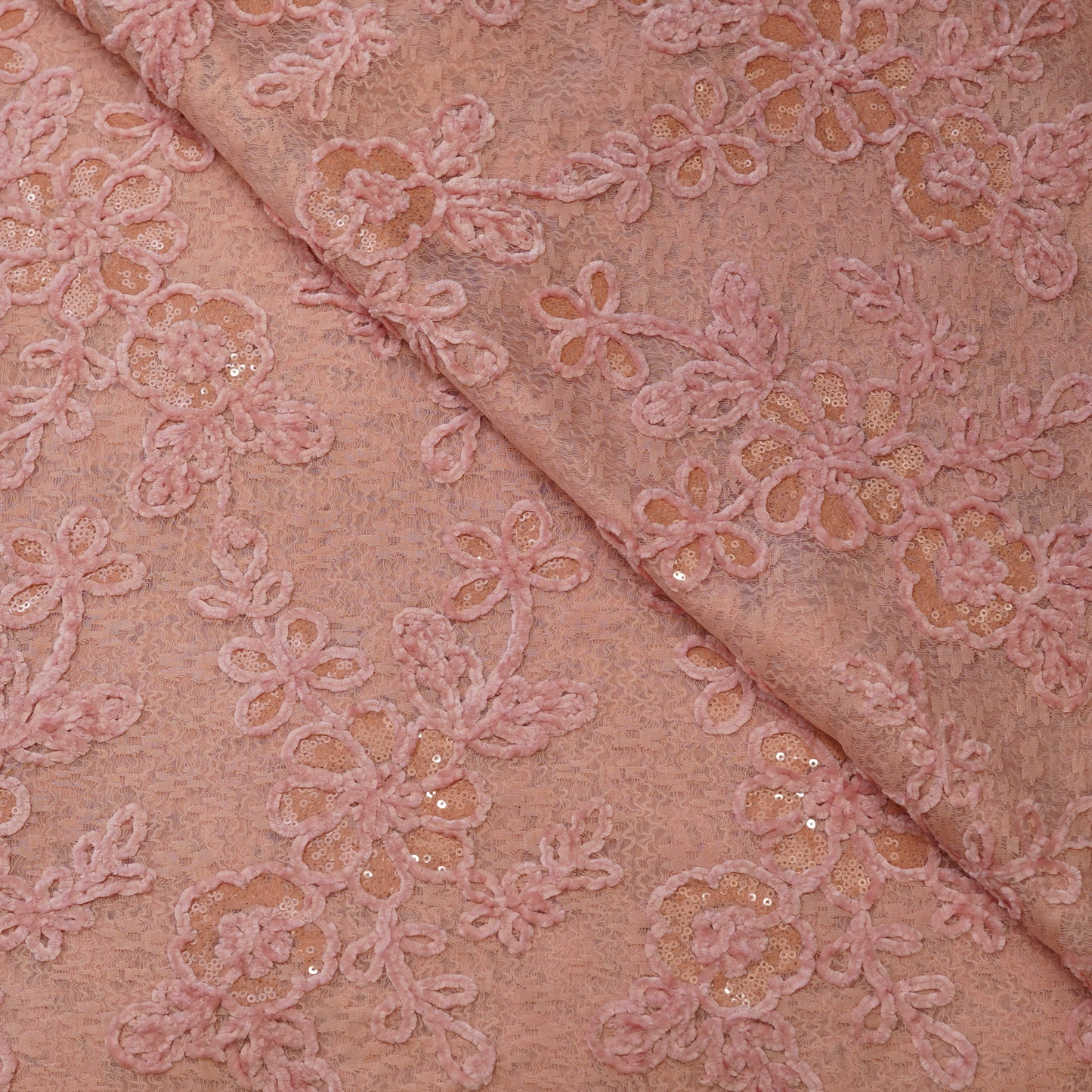 Premium Blush Pink Floral Sequins Embroidered Net Fabric.