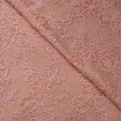 Premium Blush Pink Floral Sequins Embroidered Net Fabric.