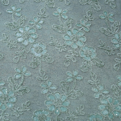 Premium Mint Green Floral Sequins Embroidered Net Fabric.