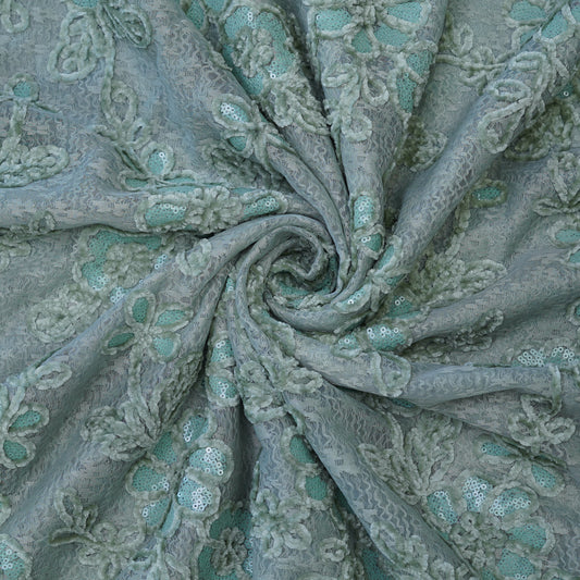 Premium Mint Green Floral Sequins Embroidered Net Fabric.