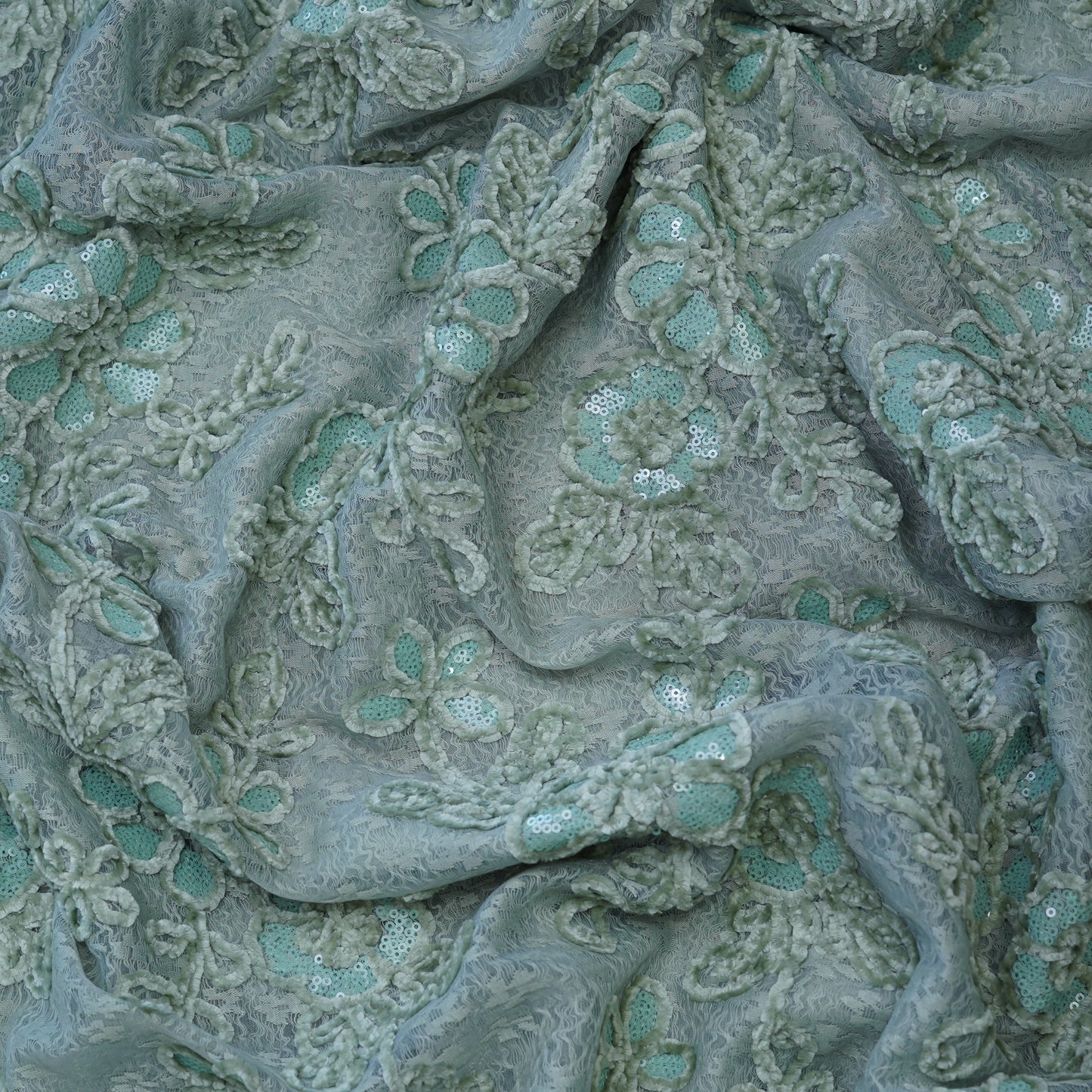 Premium Mint Green Floral Sequins Embroidered Net Fabric.