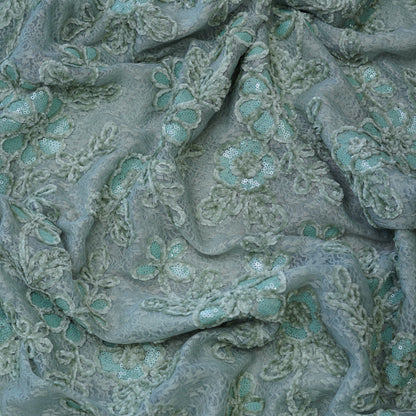 Premium Mint Green Floral Sequins Embroidered Net Fabric.