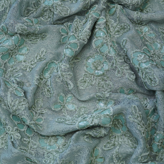 Premium Mint Green Floral Sequins Embroidered Net Fabric.