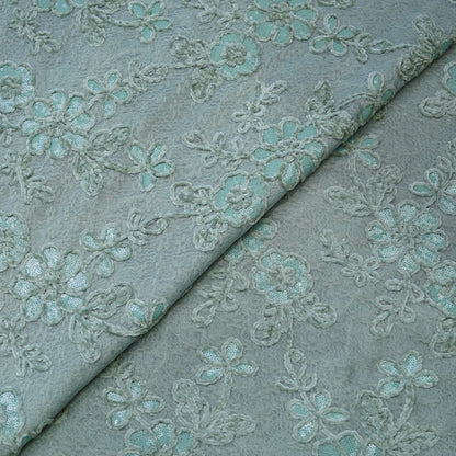 Premium Mint Green Floral Sequins Embroidered Net Fabric.