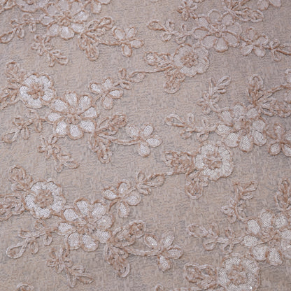 Premium Beige Floral Sequins Embroidered Net Fabric.