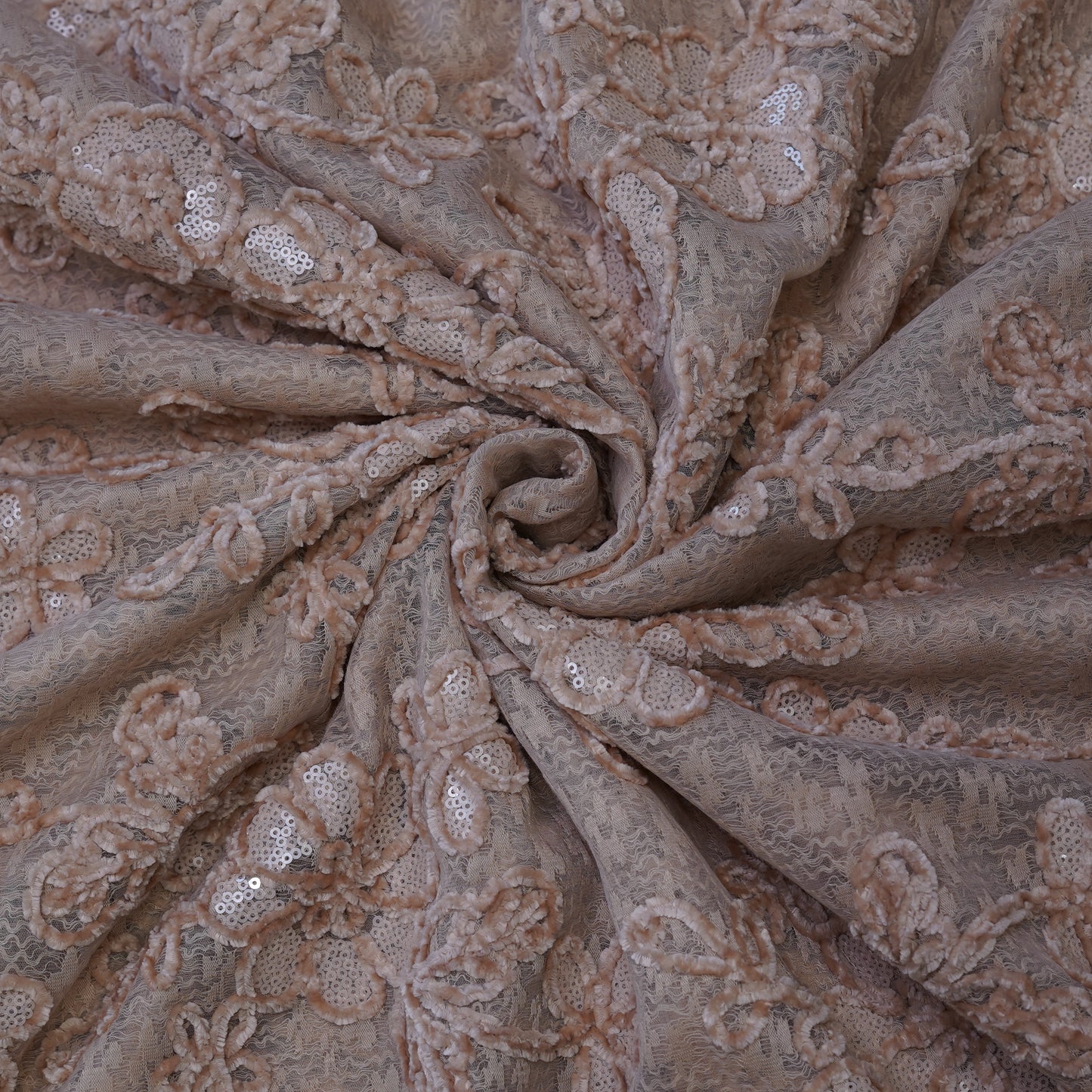 Premium Beige Floral Sequins Embroidered Net Fabric.