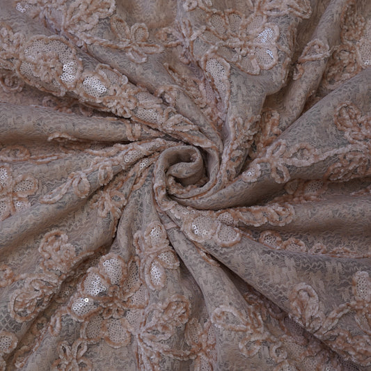 Premium Beige Floral Sequins Embroidered Net Fabric.