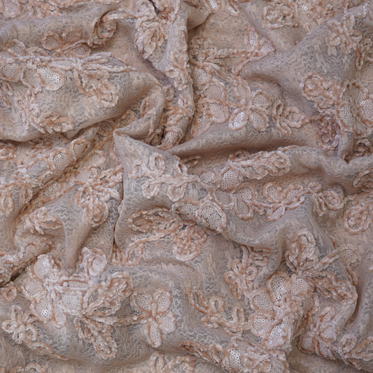Premium Beige Floral Sequins Embroidered Net Fabric.