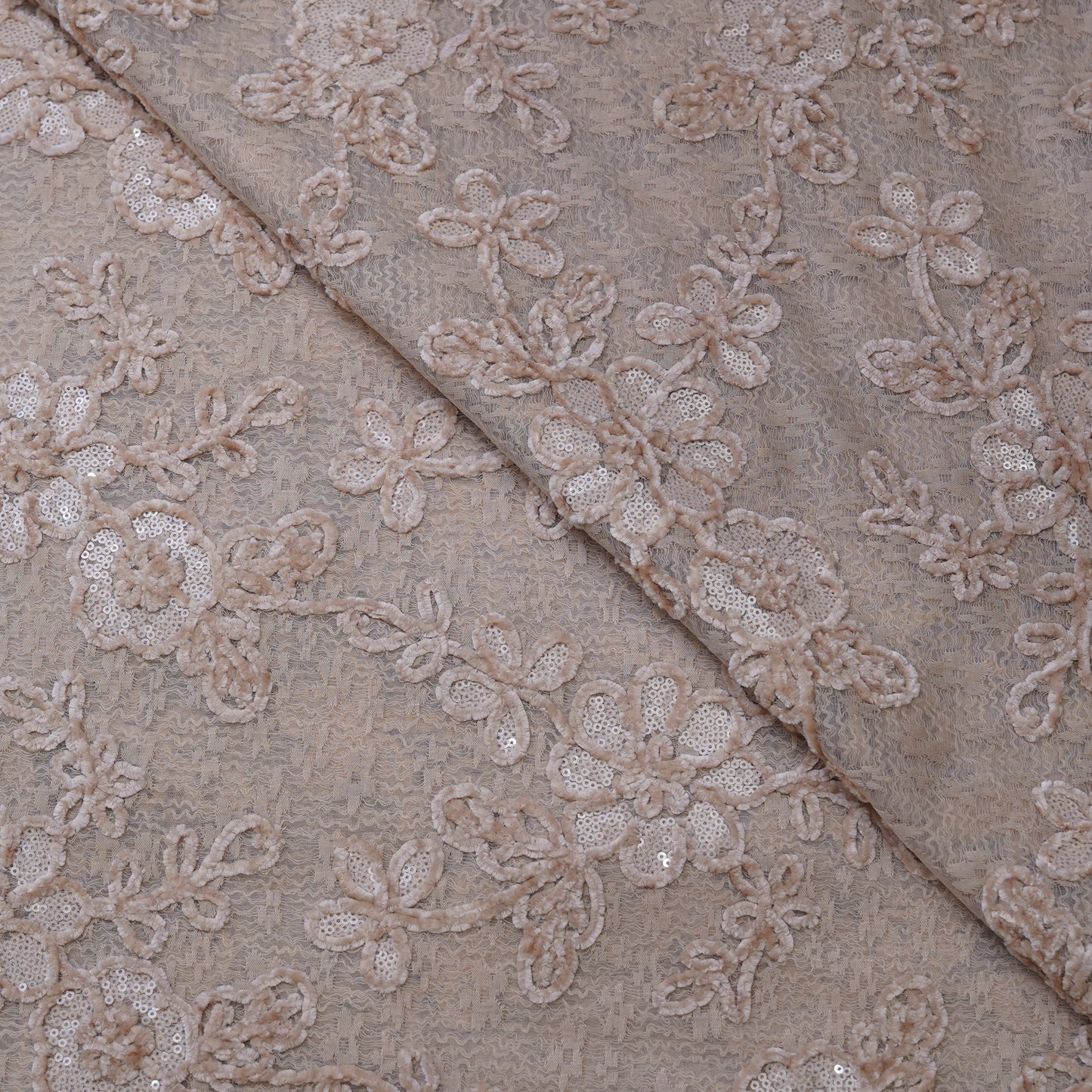 Premium Beige Floral Sequins Embroidered Net Fabric.