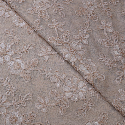 Premium Beige Floral Sequins Embroidered Net Fabric.