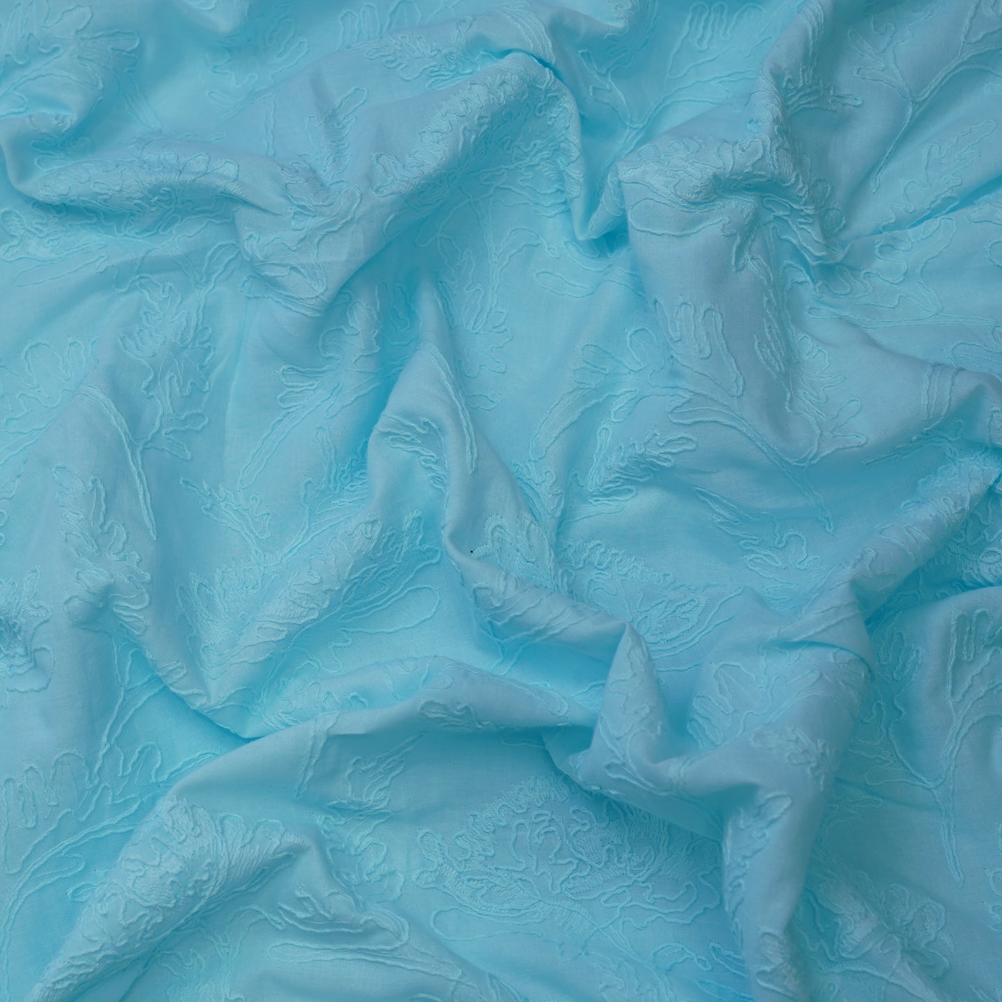 Sky Blue Floral Embroidered Cotton Fabric.