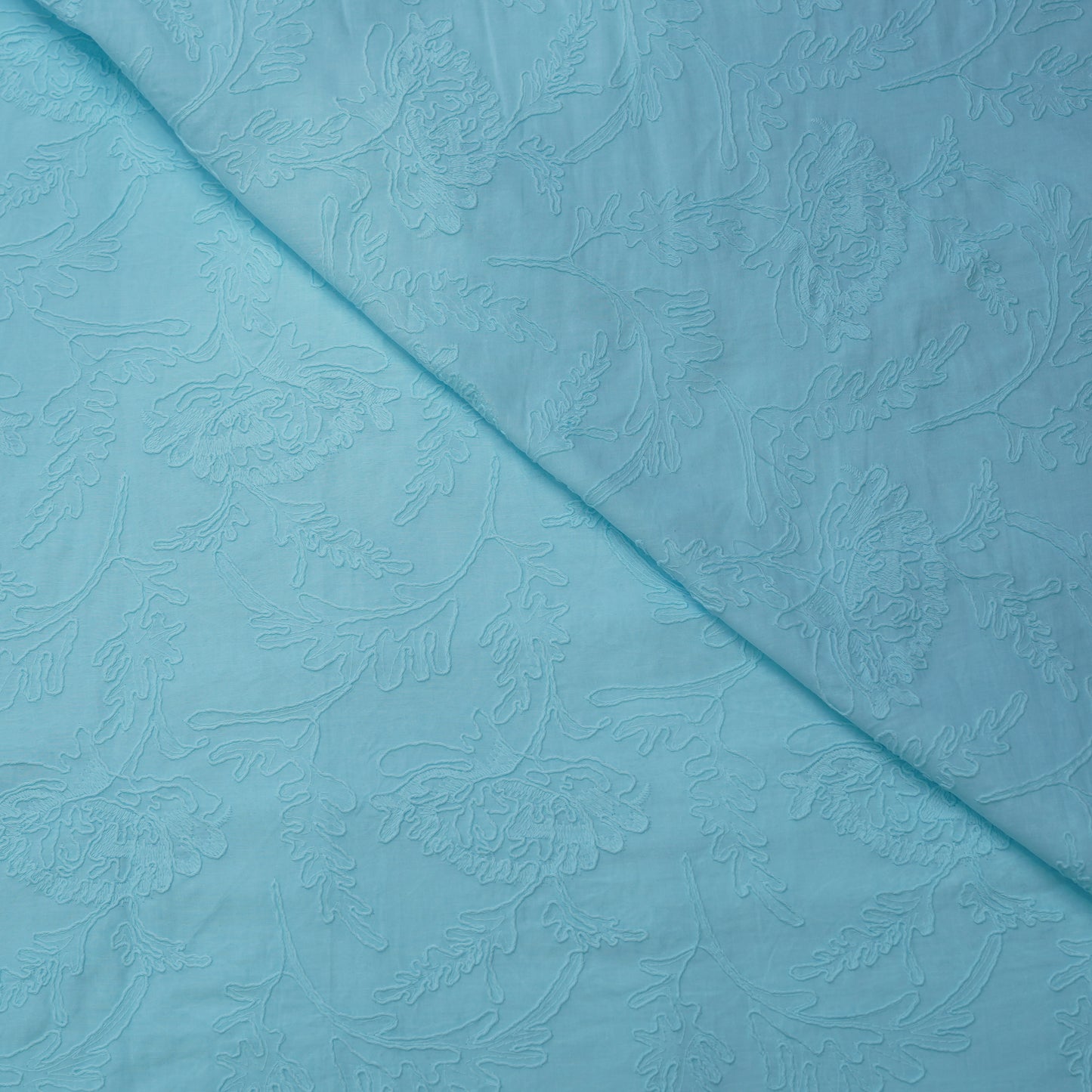 Sky Blue Floral Embroidered Cotton Fabric.