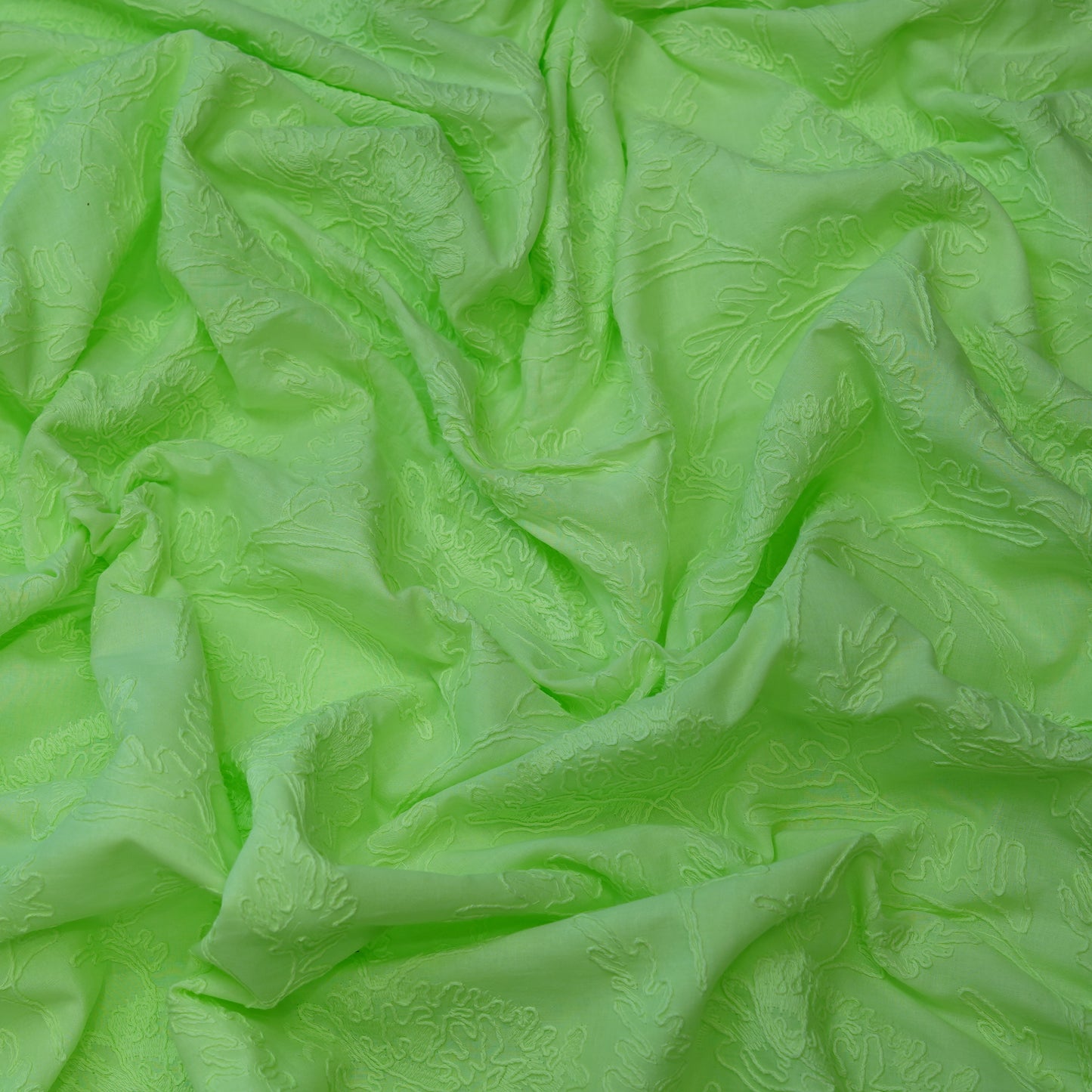 Lime Green Floral Embroidered Cotton Fabric.