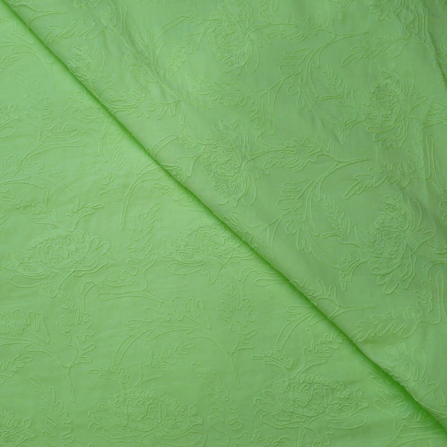 Lime Green Floral Embroidered Cotton Fabric.
