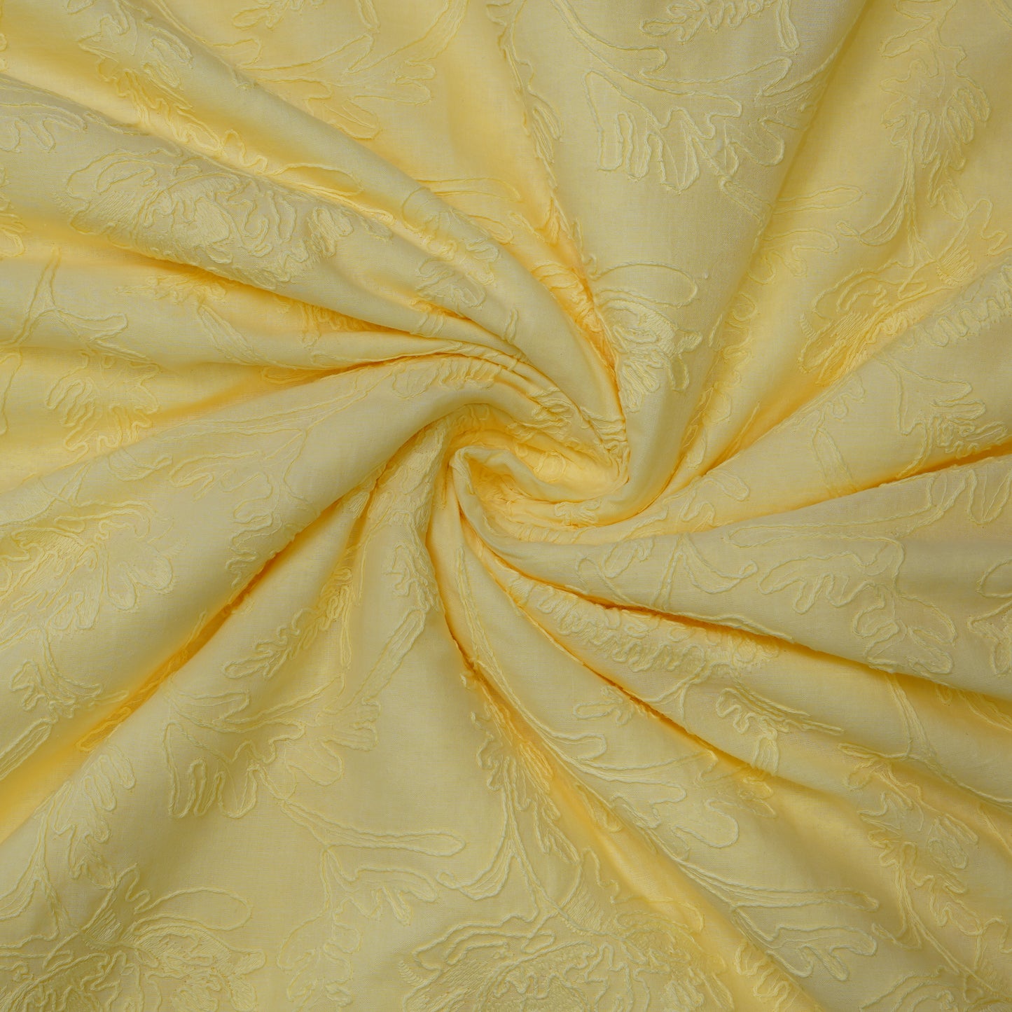 Pastel Yellow Floral Embroidered Cotton Fabric.