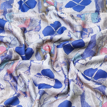 Blue Floral Moonga Fabric Fabric.