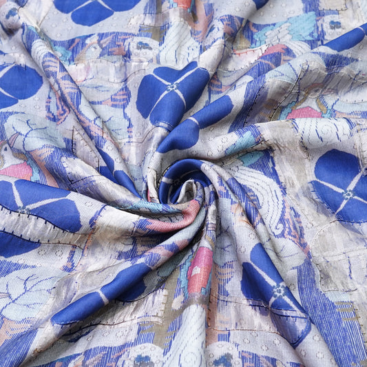 Blue Floral Moonga Fabric Fabric.