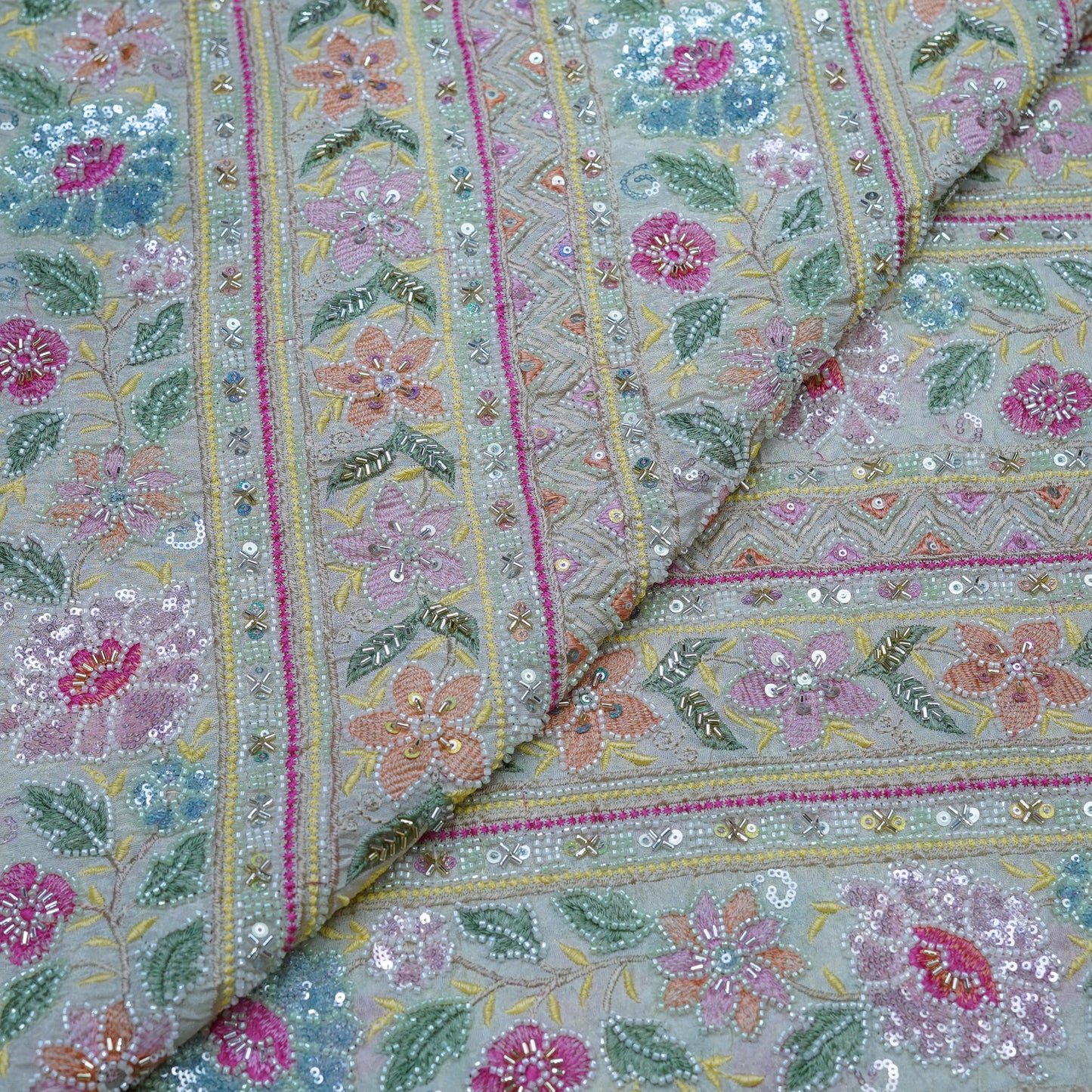 Pastel Multicolour Floral Sequin Embroidered Fabric