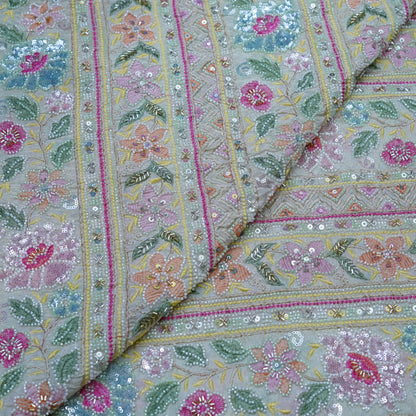 Pastel Multicolour Floral Sequin Embroidered Fabric