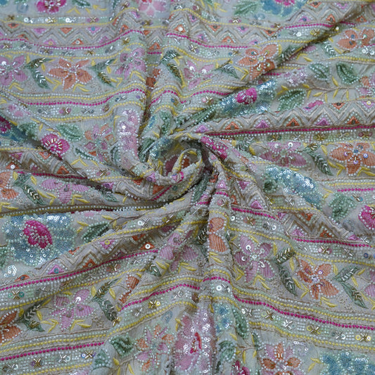 Pastel Multicolour Floral Sequin Embroidered Fabric