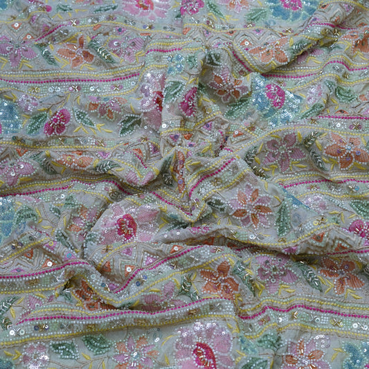 Pastel Multicolour Floral Sequin Embroidered Fabric