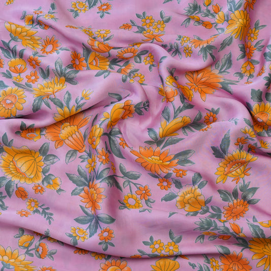 Pink Base Multicolour Floral Printed Fabric.