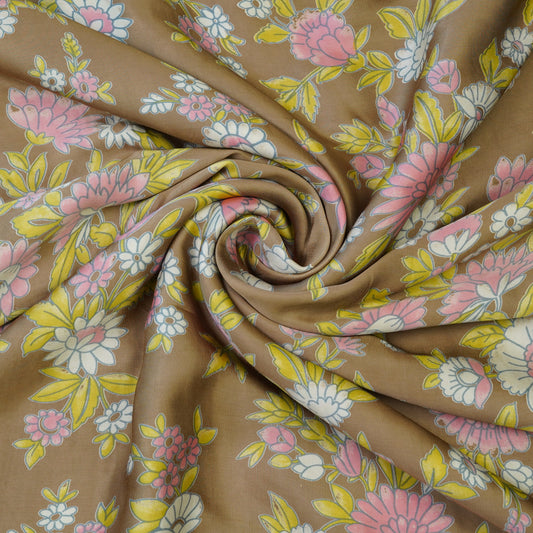 Mocha Brown Pastel Floral Printed Fabric.