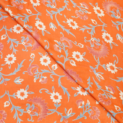 Tangerine Orange Floral Vine Printed Fabric.
