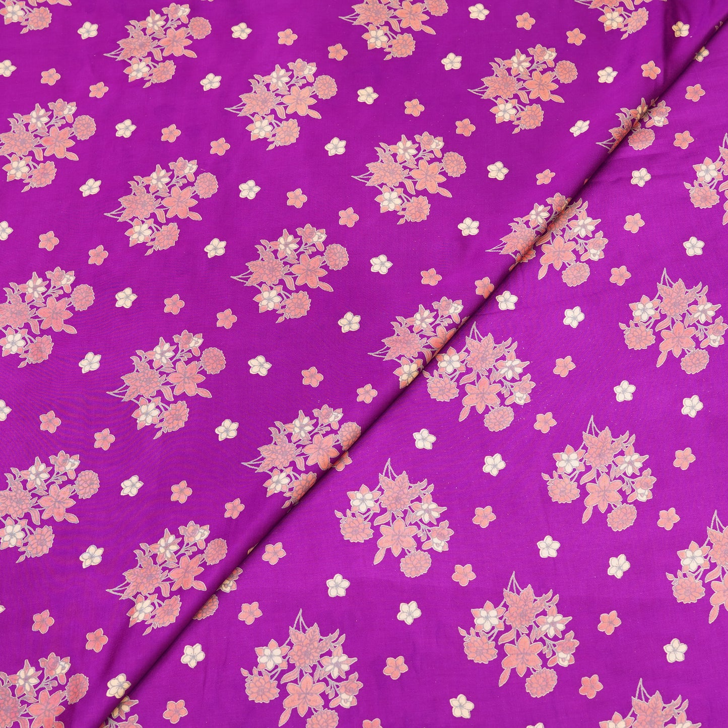 Magenta Pink Floral Bouquet Printed Fabric.
